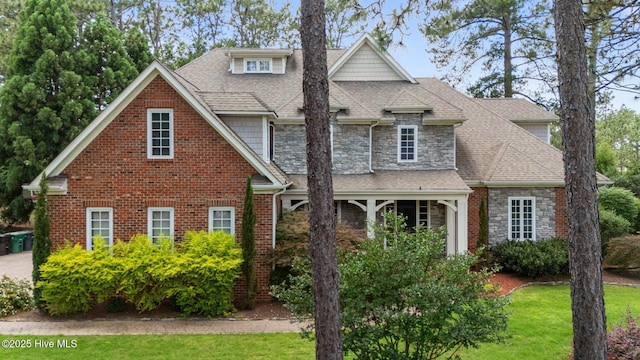 30 Spring Valley Ct, Pinehurst, NC 28374 - view of front of house featuring stone siding, a shingled roof, and a front lawn