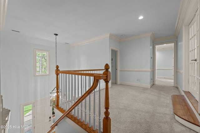 30 Spring Valley Ct, Pinehurst, NC 28374 - hallway with an upstairs landing, ornamental molding, carpet floors, and recessed lighting
