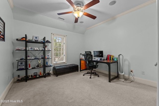 30 Spring Valley Ct, Pinehurst, NC 28374 - home office featuring carpet floors, ornamental molding, and ceiling fan