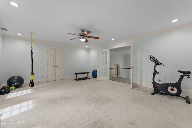 30 Spring Valley Ct, Pinehurst, NC 28374 - workout area with ornamental molding, a ceiling fan, carpet, recessed lighting, and french doors