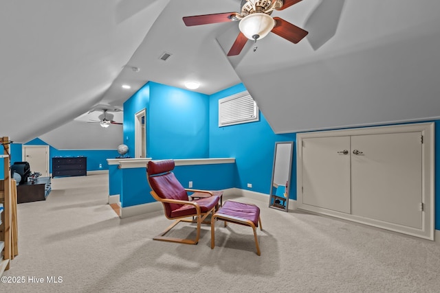 30 Spring Valley Ct, Pinehurst, NC 28374 - living area with ceiling fan, vaulted ceiling, and carpet floors