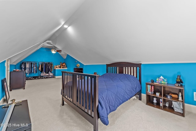 30 Spring Valley Ct, Pinehurst, NC 28374 - bedroom with vaulted ceiling, a ceiling fan, and carpet flooring