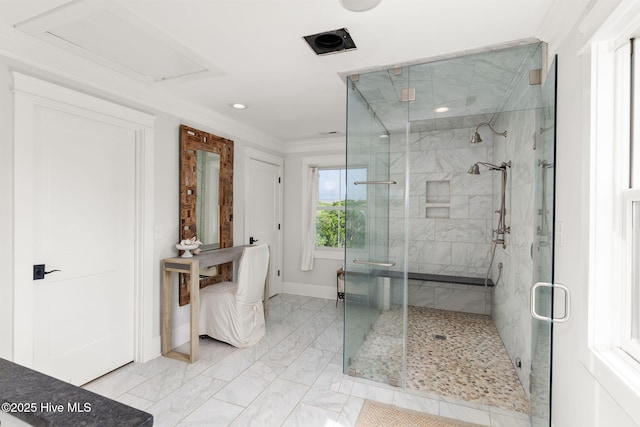 585 Forest Dunes Dr, Pine Knoll Shores, NC 28512 - bathroom with marble finish flooring, a shower stall, crown molding, and recessed lighting