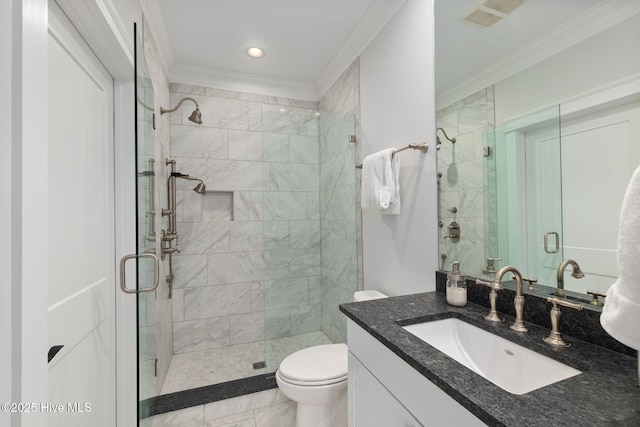 585 Forest Dunes Dr, Pine Knoll Shores, NC 28512 - bathroom with crown molding, a stall shower, vanity, recessed lighting, and marble finish flooring