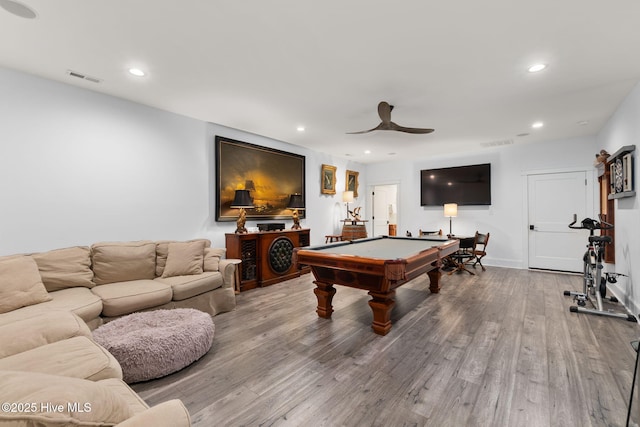 585 Forest Dunes Dr, Pine Knoll Shores, NC 28512 - recreation room with a ceiling fan, billiards table, wood finished floors, and recessed lighting
