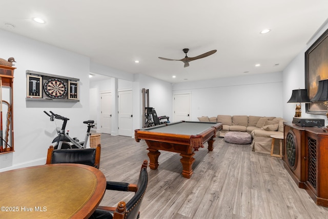 585 Forest Dunes Dr, Pine Knoll Shores, NC 28512 - playroom featuring a ceiling fan, light wood finished floors, pool table, and recessed lighting