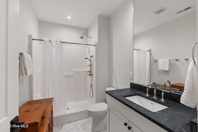 585 Forest Dunes Dr, Pine Knoll Shores, NC 28512 - full bath featuring marble finish flooring, vanity, a shower with curtain, and recessed lighting