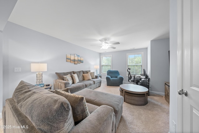 74 W Weatherbee Way, Hampstead, NC 28443 - living room featuring carpet flooring, ceiling fan, and baseboards