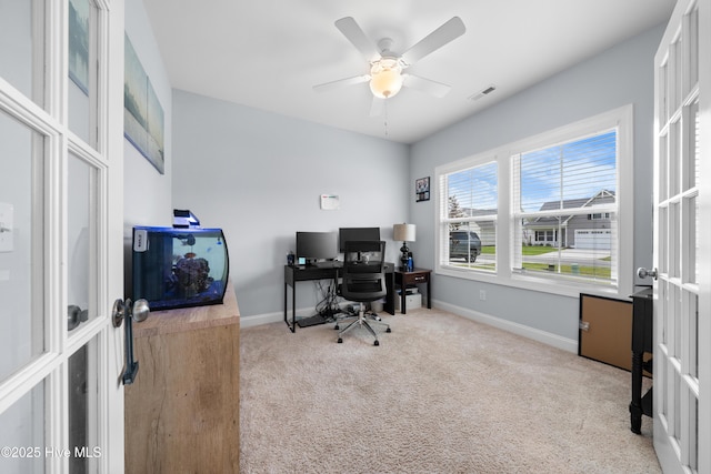 74 W Weatherbee Way, Hampstead, NC 28443 - carpeted office space with baseboards, french doors, and a ceiling fan