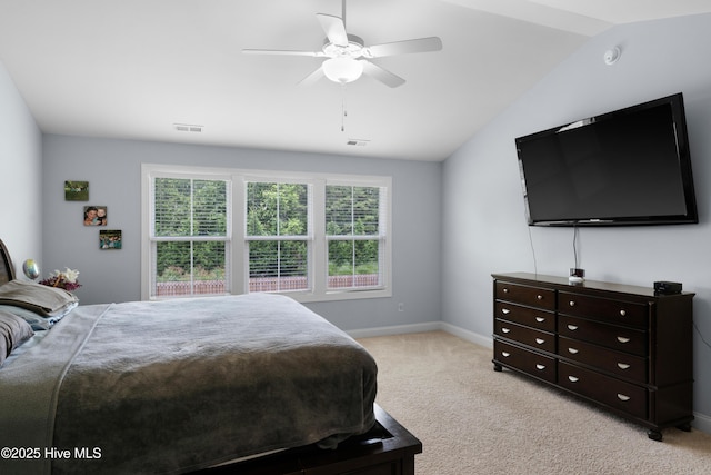 74 W Weatherbee Way, Hampstead, NC 28443 - bedroom with light carpet, lofted ceiling, a ceiling fan, and baseboards