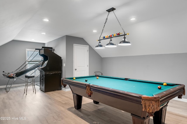 74 W Weatherbee Way, Hampstead, NC 28443 - playroom featuring lofted ceiling, baseboards, billiards table, light wood finished floors, and recessed lighting