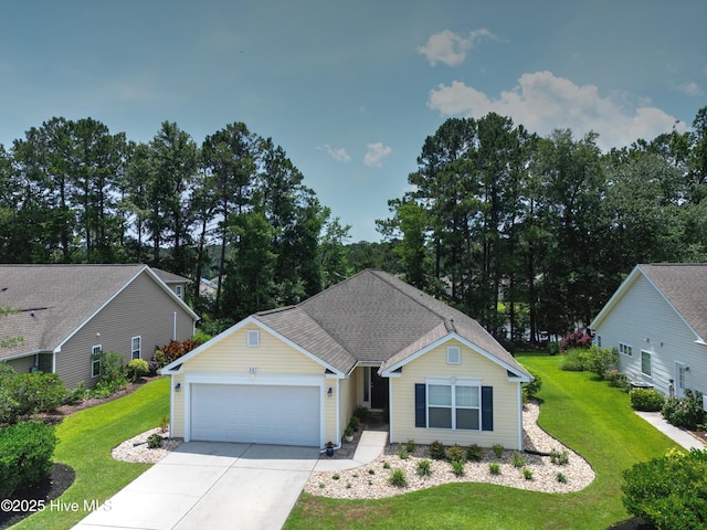 867 Corn Planters Cir, Calabash, NC 28467 - view of front facade with an attached garage, concrete driveway, a front lawn, and view of wooded area