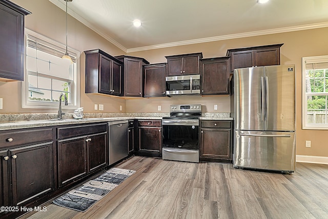 514 Everett Glades, Sneads Ferry, NC 28460 - kitchen with appliances with stainless steel finishes, light wood-style floors, crown molding, dark brown cabinets, and pendant lighting