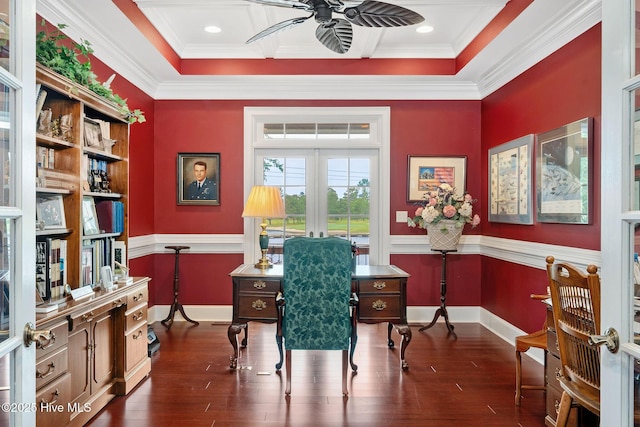 249 Maple Creek Dr, Wallace, NC 28466 - home office featuring ceiling fan, dark wood-style flooring, ornamental molding, and french doors