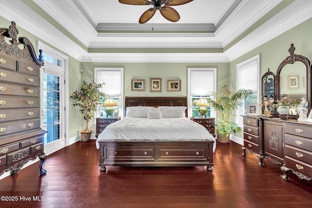 249 Maple Creek Dr, Wallace, NC 28466 - bedroom with hardwood / wood-style floors, a tray ceiling, crown molding, ceiling fan, and access to exterior