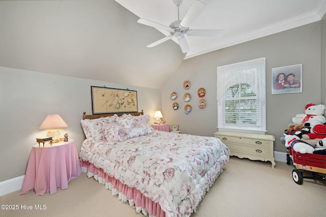 249 Maple Creek Dr, Wallace, NC 28466 - bedroom featuring carpet flooring, ornamental molding, lofted ceiling, and a ceiling fan