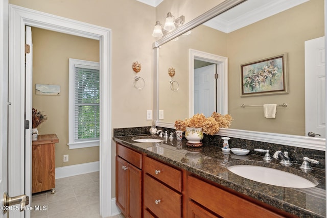 249 Maple Creek Dr, Wallace, NC 28466 - full bath with double vanity, tile patterned flooring, and crown molding