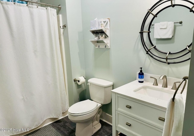 1044 Mill Creek Rd, Minnesott Beach, NC 28510 - full bath with vanity, toilet, and a shower with shower curtain