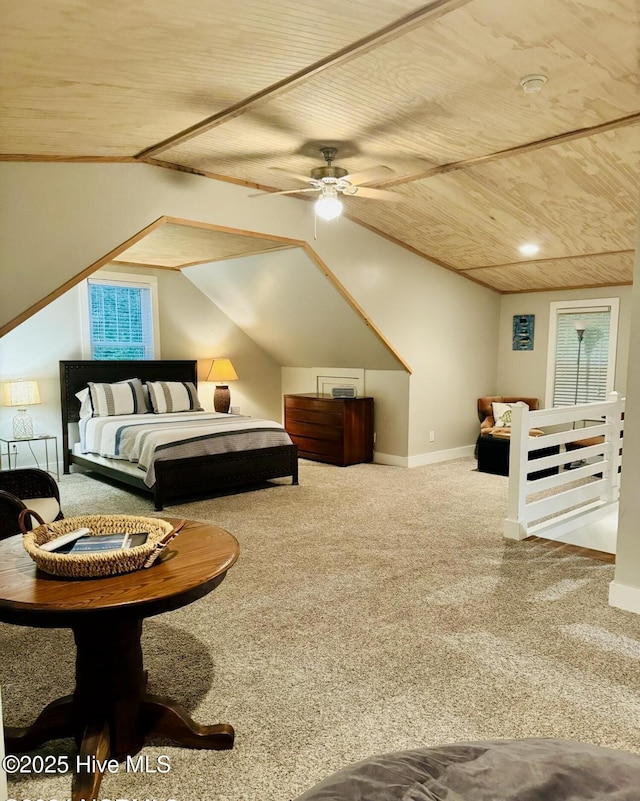 1044 Mill Creek Rd, Minnesott Beach, NC 28510 - carpeted bedroom featuring wood ceiling, baseboards, and lofted ceiling