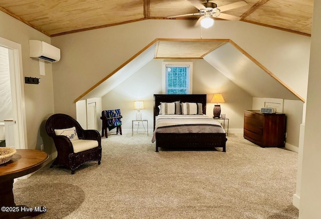 1044 Mill Creek Rd, Minnesott Beach, NC 28510 - carpeted bedroom with a wall mounted air conditioner, wooden ceiling, vaulted ceiling, baseboards, and ceiling fan