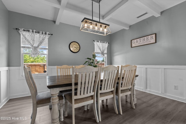 399 Highgrove Dr, Spring Lake, NC 28390 - dining space featuring a decorative wall, beam ceiling, wood finished floors, a wainscoted wall, and coffered ceiling