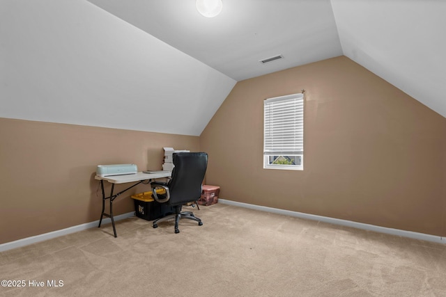 399 Highgrove Dr, Spring Lake, NC 28390 - home office featuring carpet floors, lofted ceiling, and baseboards