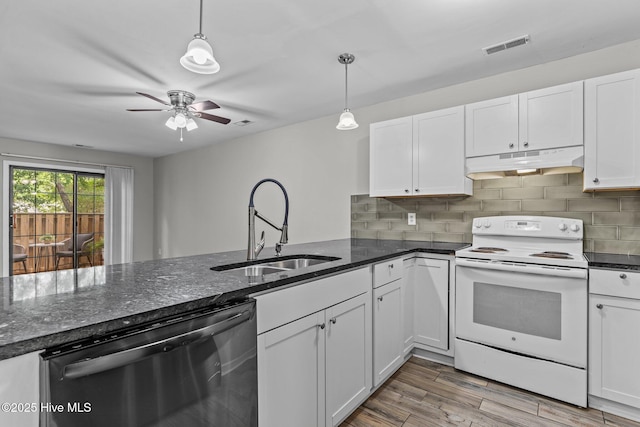 1703 41st St Apt B, Wilmington, NC 28403 - kitchen with white range with electric stovetop, stainless steel dishwasher, under cabinet range hood, a ceiling fan, and white cabinets