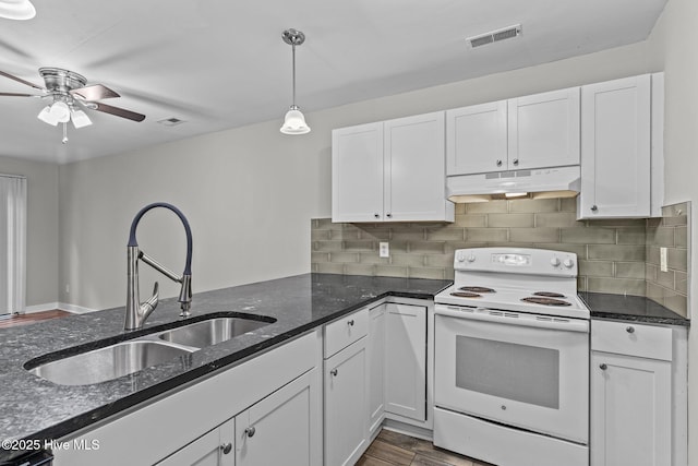 1703 41st St Apt B, Wilmington, NC 28403 - kitchen featuring white electric stove, under cabinet range hood, and white cabinetry