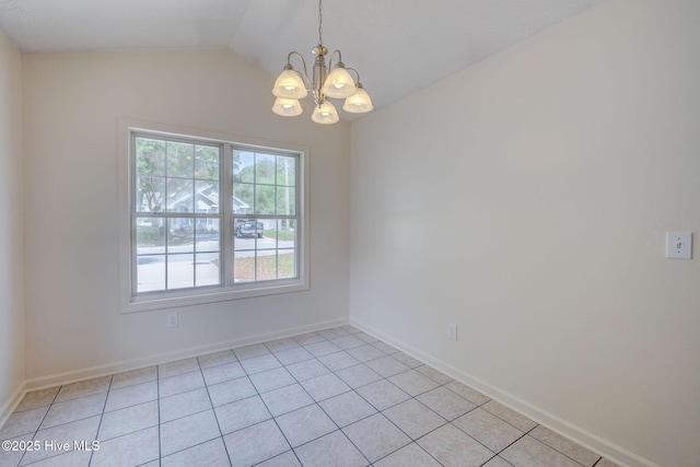 6901 Southern Exposure, Wilmington, NC 28412 - unfurnished room with a chandelier, vaulted ceiling, light tile patterned floors, and baseboards