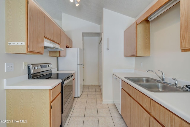 6901 Southern Exposure, Wilmington, NC 28412 - kitchen with white appliances, under cabinet range hood, a sink, light brown cabinetry, and light countertops