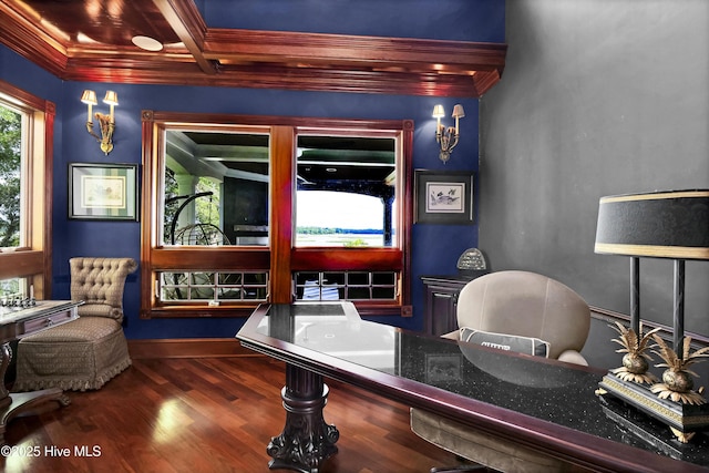 3530 Van Buren St SW, Supply, NC 28462 - home office featuring wood finished floors, crown molding, and beamed ceiling