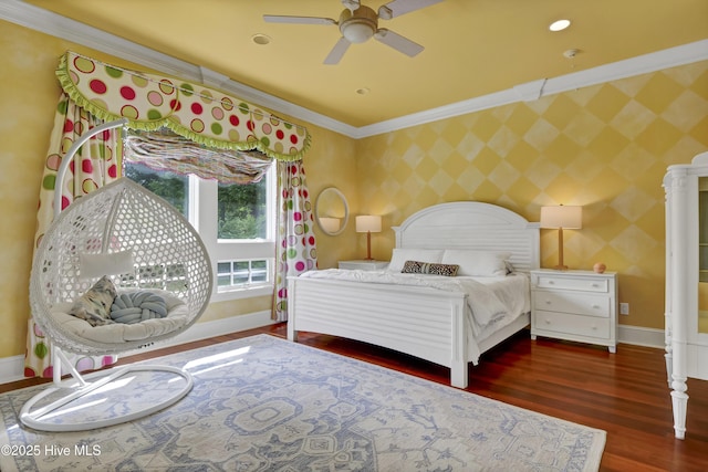 3530 Van Buren St SW, Supply, NC 28462 - bedroom featuring crown molding, wood finished floors, wallpapered walls, ceiling fan, and recessed lighting