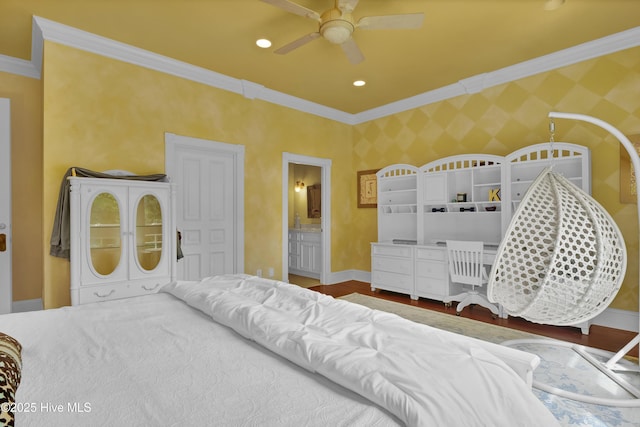 3530 Van Buren St SW, Supply, NC 28462 - bedroom with crown molding, wood finished floors, recessed lighting, a ceiling fan, and connected bathroom