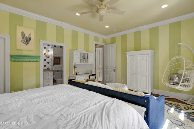 3530 Van Buren St SW, Supply, NC 28462 - bedroom featuring ornamental molding, recessed lighting, wallpapered walls, ceiling fan, and ensuite bathroom