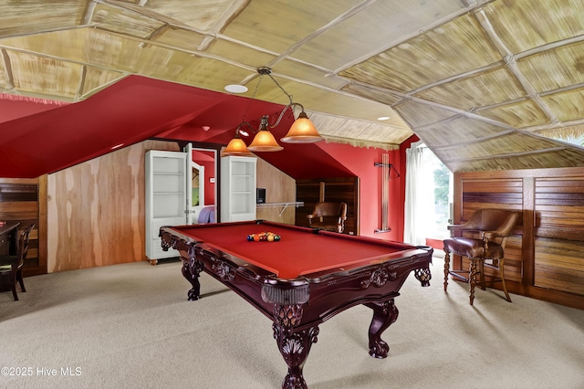 3530 Van Buren St SW, Supply, NC 28462 - recreation room featuring lofted ceiling, wooden walls, carpet floors, wooden ceiling, and billiards table