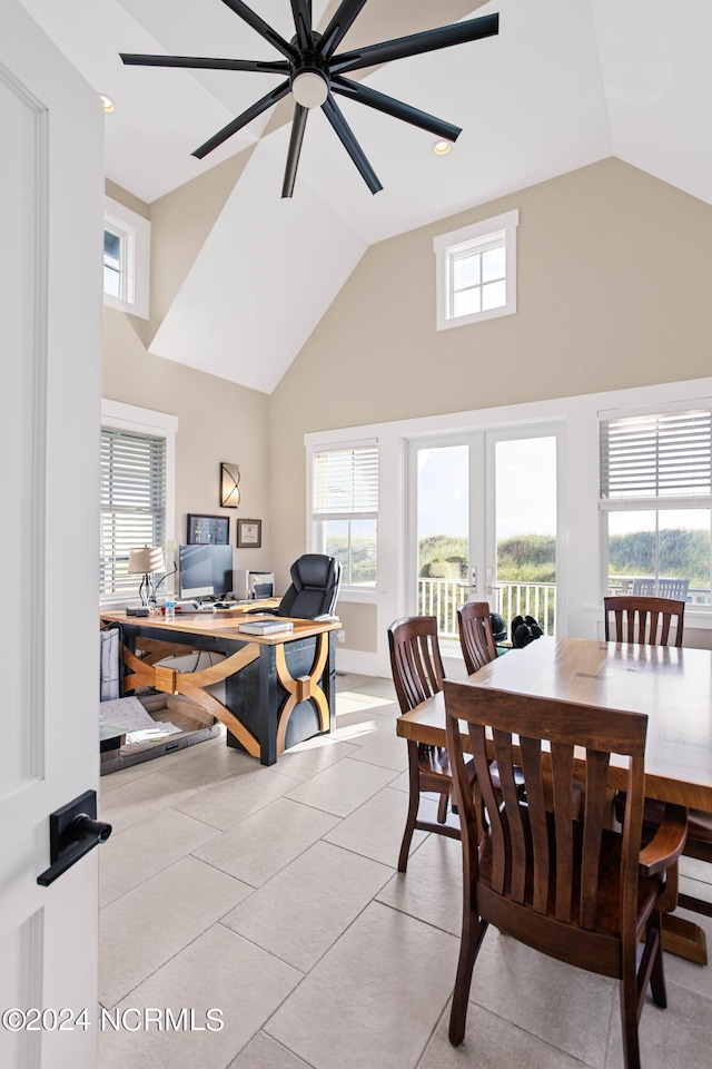 224 W Bald Head Wynd Wynd, Bald Head Island, NC 28461 - dining area with high vaulted ceiling, an office area, french doors, ceiling fan, and recessed lighting