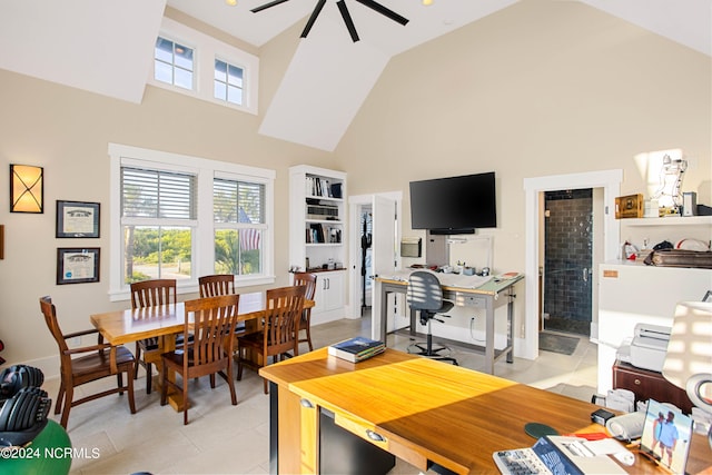 224 W Bald Head Wynd Wynd, Bald Head Island, NC 28461 - office area with high vaulted ceiling, ceiling fan, light tile patterned floors, and baseboards