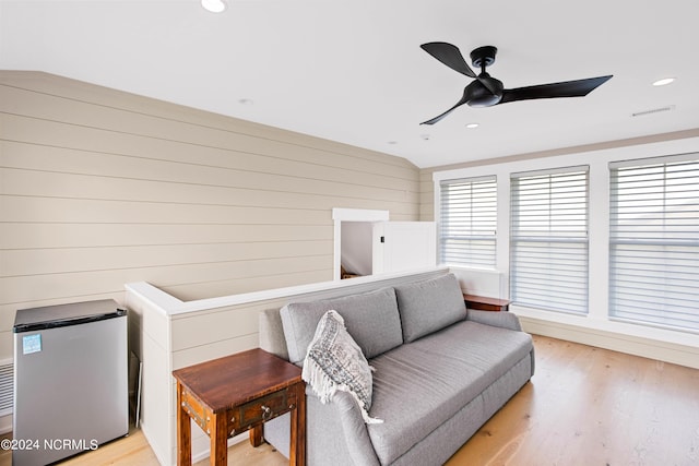 224 W Bald Head Wynd Wynd, Bald Head Island, NC 28461 - sitting room with light wood-style flooring, a ceiling fan, recessed lighting, lofted ceiling, and wooden walls