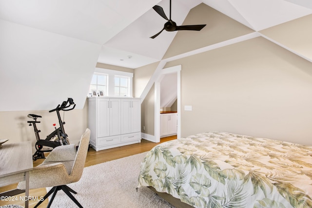 224 W Bald Head Wynd Wynd, Bald Head Island, NC 28461 - bedroom with light wood finished floors, high vaulted ceiling, and a ceiling fan