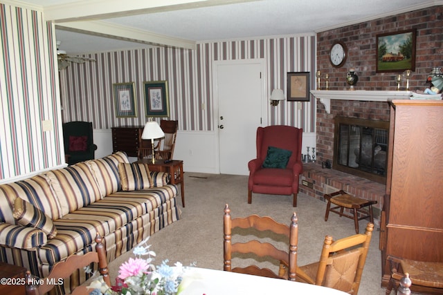 2945 US Highway 17, Williamston, NC 27892 - carpeted living room featuring ornamental molding, a brick fireplace, and wallpapered walls