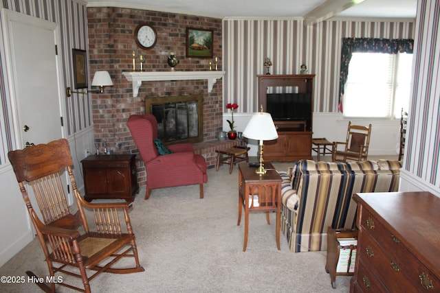 2945 US Highway 17, Williamston, NC 27892 - carpeted living room featuring wallpapered walls, a brick fireplace, and crown molding