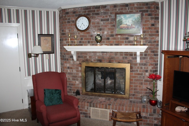 2945 US Highway 17, Williamston, NC 27892 - carpeted living room featuring a brick fireplace and crown molding