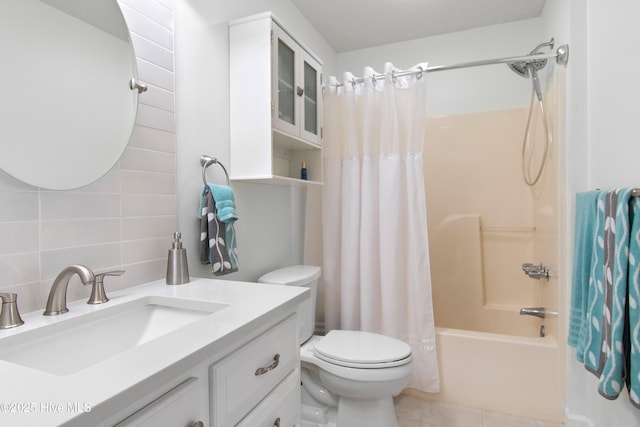 3030 Marsh Winds Cir Unit 605, Southport, NC 28461 - bathroom with vanity, toilet, shower / bath combo, decorative backsplash, and tile patterned flooring