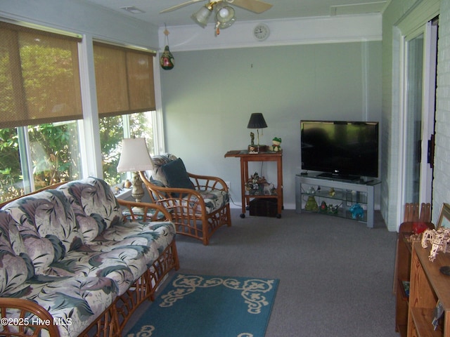 145 Pinehurst Trace Dr, Pinehurst, NC 28374 - living area with carpet, a ceiling fan, and crown molding