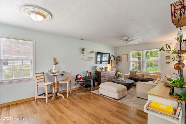 225 Candlewood Dr, Wilmington, NC 28411 - living room with a textured ceiling, light wood-style flooring, and a ceiling fan