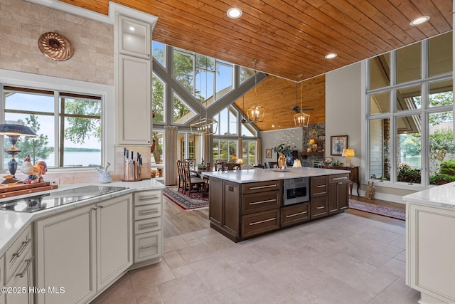 4 Lake Shore Ct, Pinehurst, NC 28374 - kitchen with wood ceiling, high vaulted ceiling, black electric stovetop, stainless steel microwave, and plenty of natural light