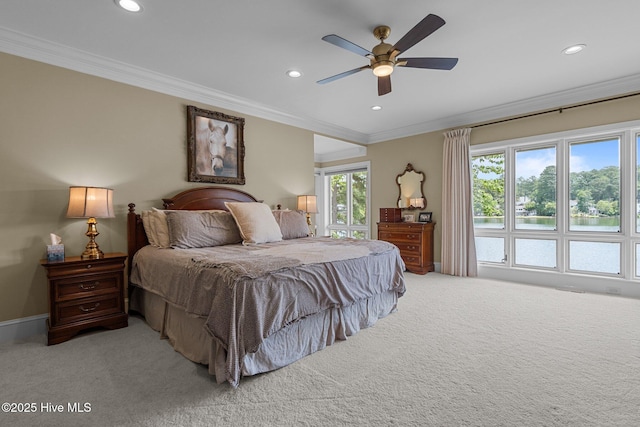 4 Lake Shore Ct, Pinehurst, NC 28374 - bedroom with crown molding, light colored carpet, recessed lighting, and a ceiling fan