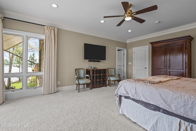 4 Lake Shore Ct, Pinehurst, NC 28374 - bedroom featuring ornamental molding, light colored carpet, recessed lighting, and ceiling fan