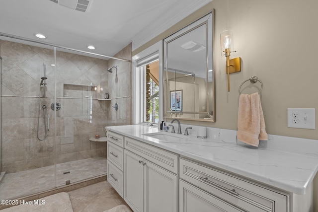 4 Lake Shore Ct, Pinehurst, NC 28374 - full bathroom featuring vanity, tiled shower, recessed lighting, and tile patterned floors