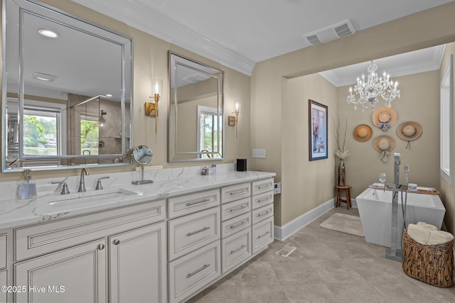 4 Lake Shore Ct, Pinehurst, NC 28374 - full bathroom with double vanity, crown molding, a freestanding tub, a stall shower, and a chandelier